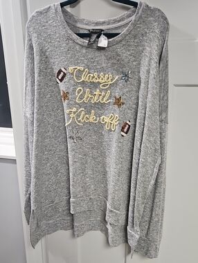 Old Kiss Gray 'Cheer Up Until Kickoff' Embroidered Crewneck Sweater